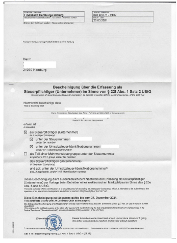 sample of a Steuernummer certificate